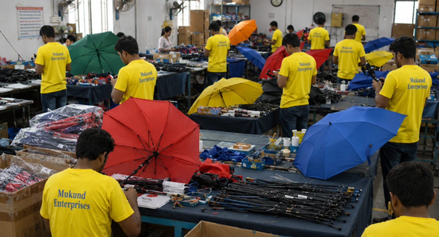 Workers assembling and testing colourful umbrellas at long tables