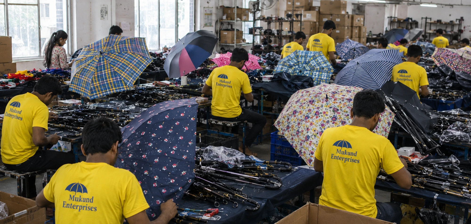 Mukund Enterprises team assembling umbrellas on the production floor at the Bhiwandi factory